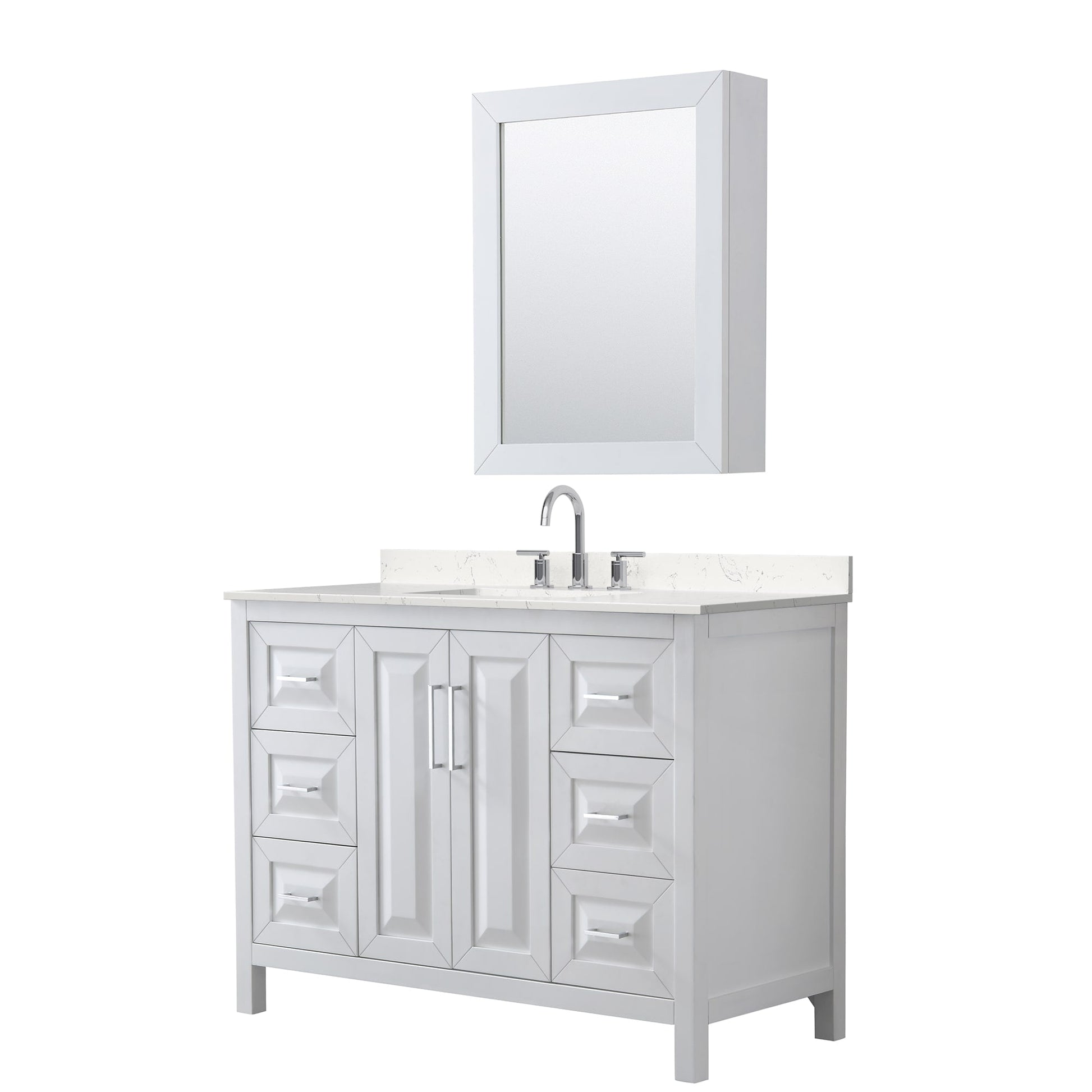 Wyndham Collection Daria 48" Single Bathroom Vanity in White, Carrara Cultured Marble Countertop, Undermount Square Sink (3-Hole), Polished Chrome Trim, Medicine Cabinet