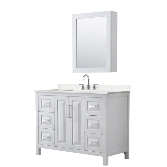 Wyndham Collection Daria 48" Single Bathroom Vanity in White, Carrara Cultured Marble Countertop, Undermount Square Sink (3-Hole), Polished Chrome Trim, Medicine Cabinet