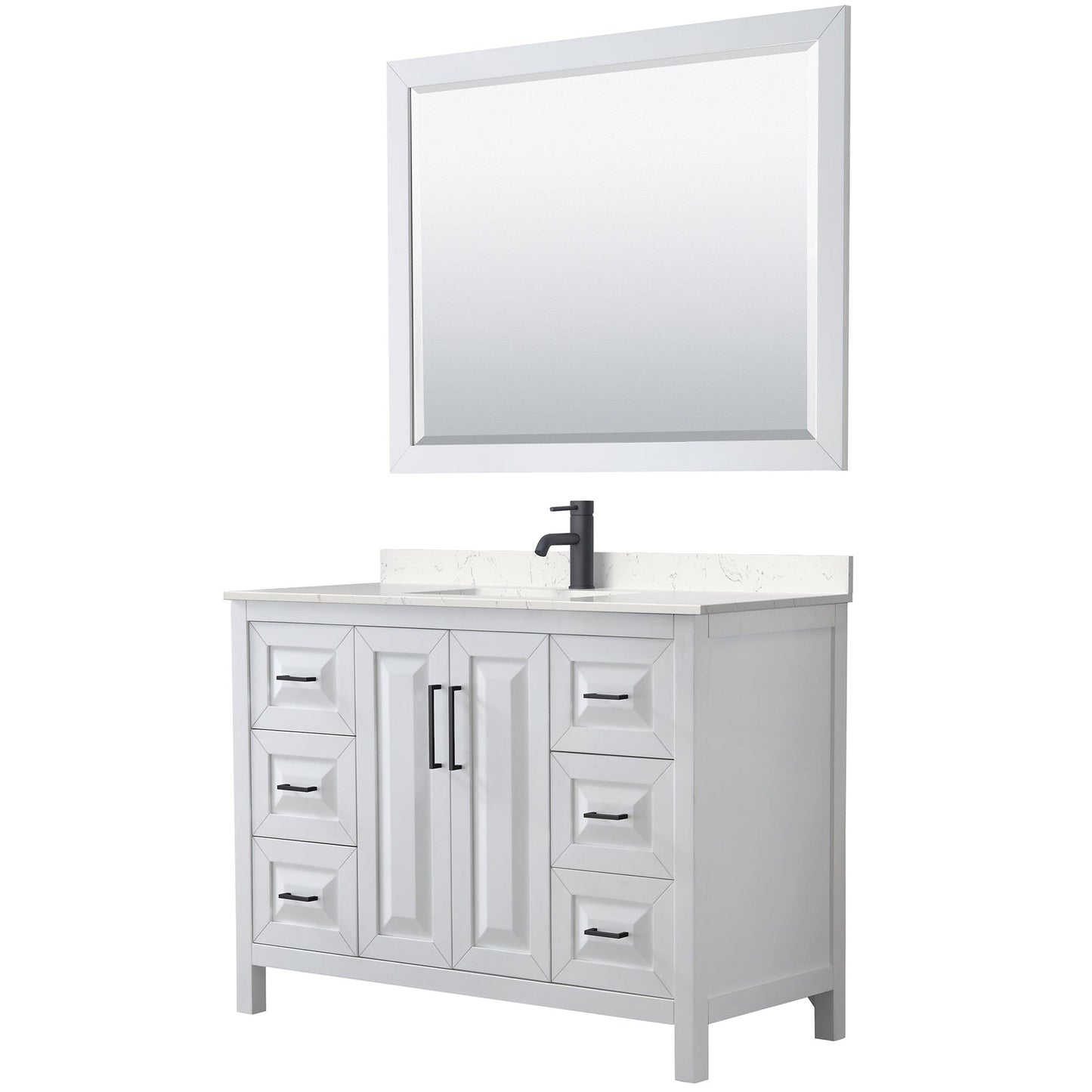 Wyndham Collection Daria 48" Single Bathroom Vanity in White, Carrara Cultured Marble Countertop, Undermount Square Sink, Matte Black Trim, 46" Mirror