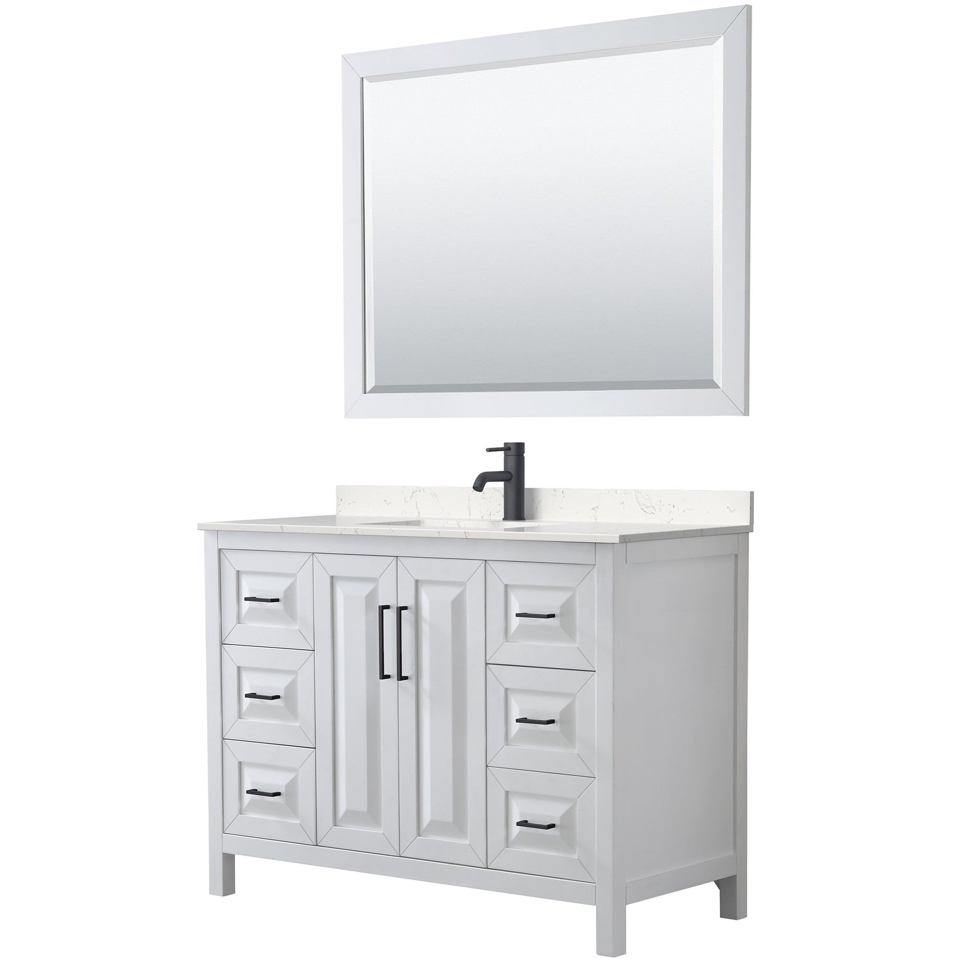 Wyndham Collection Daria 48" Single Bathroom Vanity in White, Carrara Cultured Marble Countertop, Undermount Square Sink, Matte Black Trim, 46" Mirror