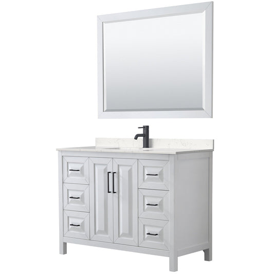 Wyndham Collection Daria 48" Single Bathroom Vanity in White, Carrara Cultured Marble Countertop, Undermount Square Sink, Matte Black Trim, 46" Mirror