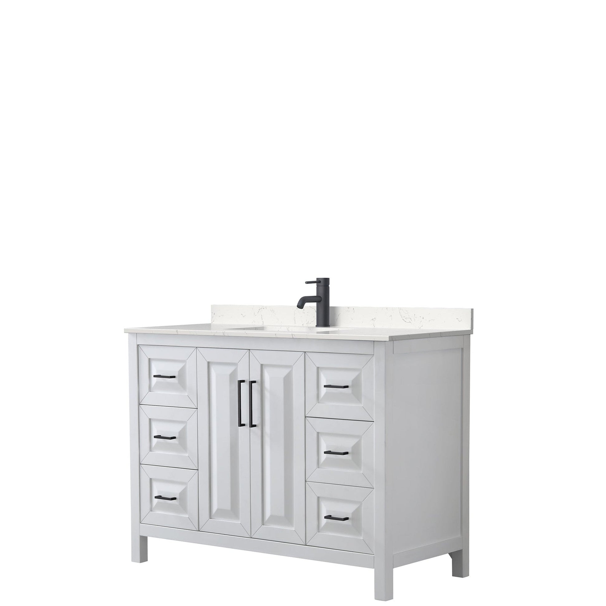 Wyndham Collection Daria 48" Single Bathroom Vanity in White, Carrara Cultured Marble Countertop, Undermount Square Sink, Matte Black Trim