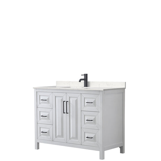 Wyndham Collection Daria 48" Single Bathroom Vanity in White, Carrara Cultured Marble Countertop, Undermount Square Sink, Matte Black Trim