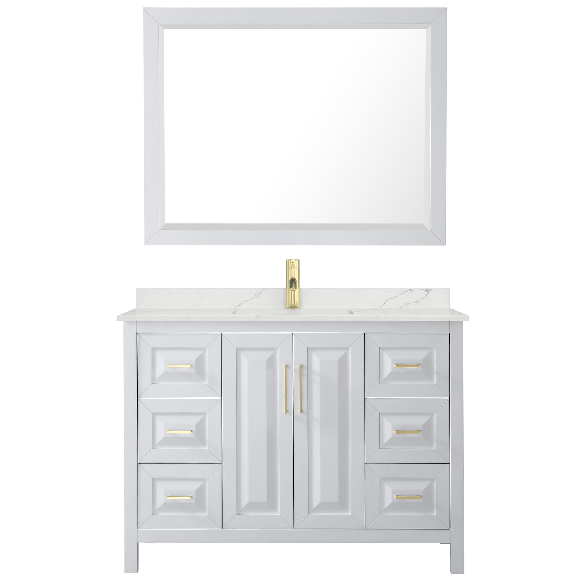 Wyndham Collection Daria 48" Single Bathroom Vanity in White, Giotto Quartz Countertop, Undermount Square Sink (1-Hole), Brushed Gold Trim, 46" Mirror
