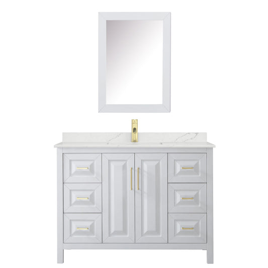Wyndham Collection Daria 48" Single Bathroom Vanity in White, Giotto Quartz Countertop, Undermount Square Sink (1-Hole), Brushed Gold Trim, Medicine Cabinet