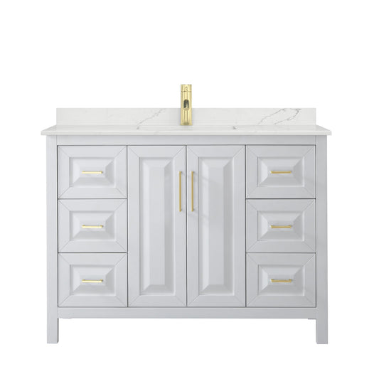 Wyndham Collection Daria 48" Single Bathroom Vanity in White, Giotto Quartz Countertop, Undermount Square Sink (1-Hole), Brushed Gold Trim