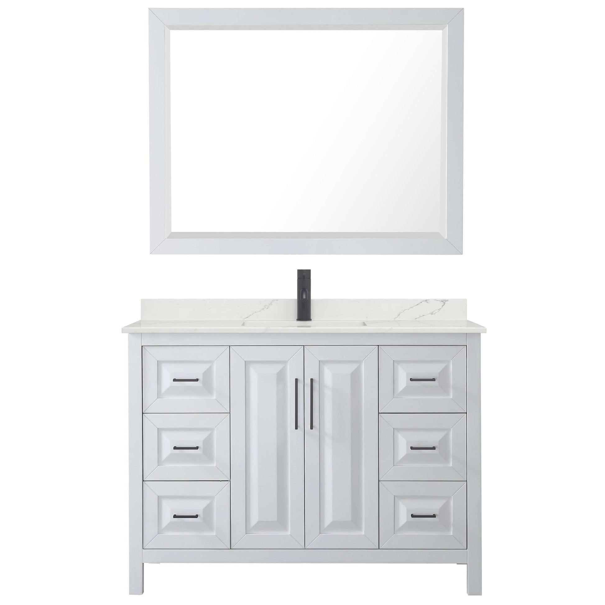 Wyndham Collection Daria 48" Single Bathroom Vanity in White, Giotto Quartz Countertop, Undermount Square Sink (1-Hole), Matte Black Trim, 46" Mirror
