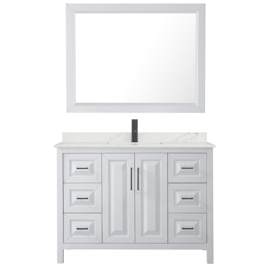Wyndham Collection Daria 48" Single Bathroom Vanity in White, Giotto Quartz Countertop, Undermount Square Sink (1-Hole), Matte Black Trim, 46" Mirror