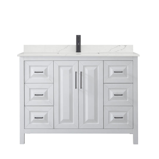Wyndham Collection Daria 48" Single Bathroom Vanity in White, Giotto Quartz Countertop, Undermount Square Sink (1-Hole), Matte Black Trim
