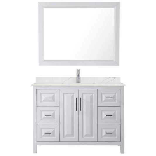 Wyndham Collection Daria 48" Single Bathroom Vanity in White, Giotto Quartz Countertop, Undermount Square Sink (1-Hole), Polished Chrome Trim, 46" Mirror