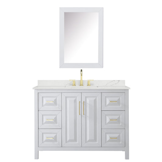 Wyndham Collection Daria 48" Single Bathroom Vanity in White, Giotto Quartz Countertop, Undermount Square Sink (3-Hole), Brushed Gold Trim, Medicine Cabinet
