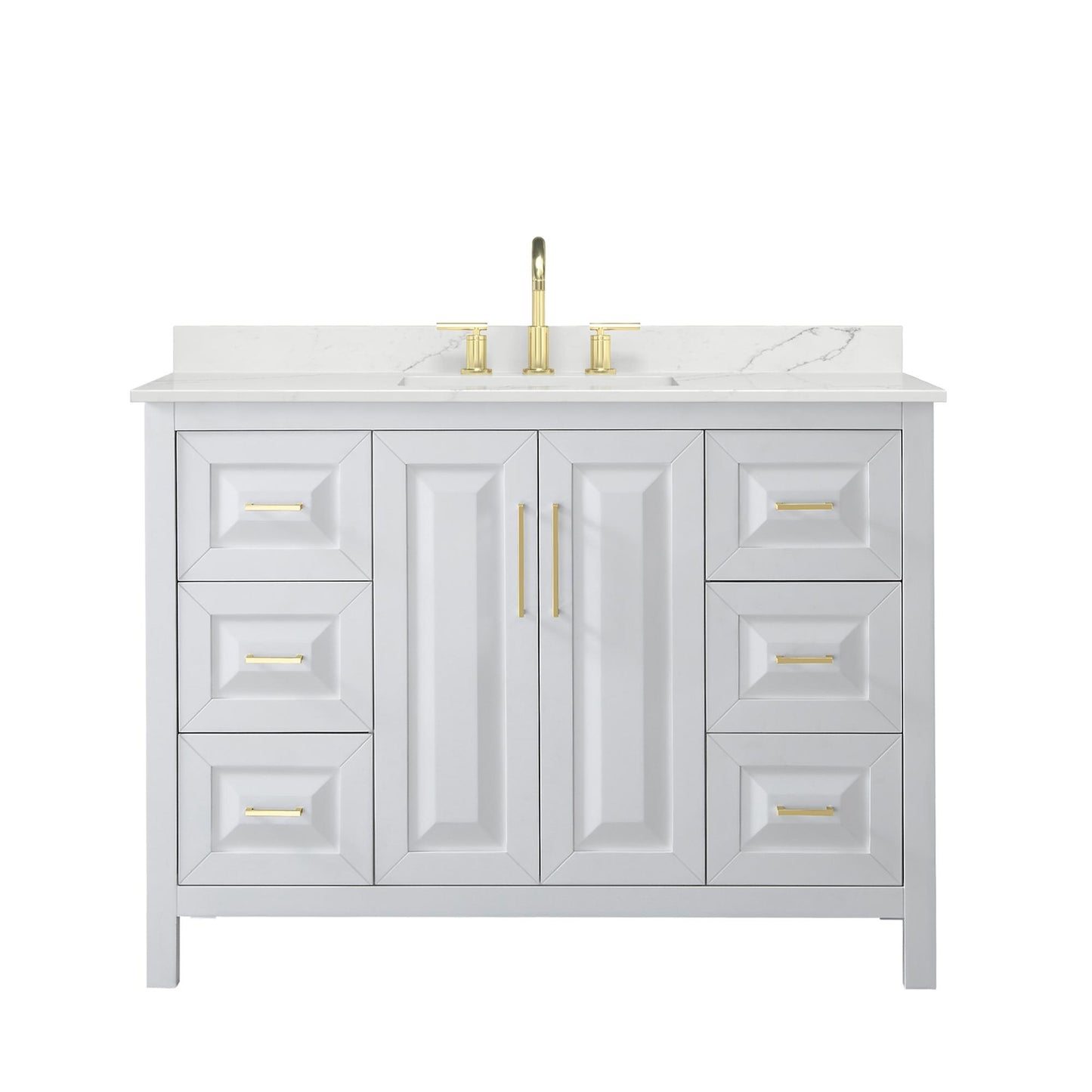 Wyndham Collection Daria 48" Single Bathroom Vanity in White, Giotto Quartz Countertop, Undermount Square Sink (3-Hole), Brushed Gold Trim