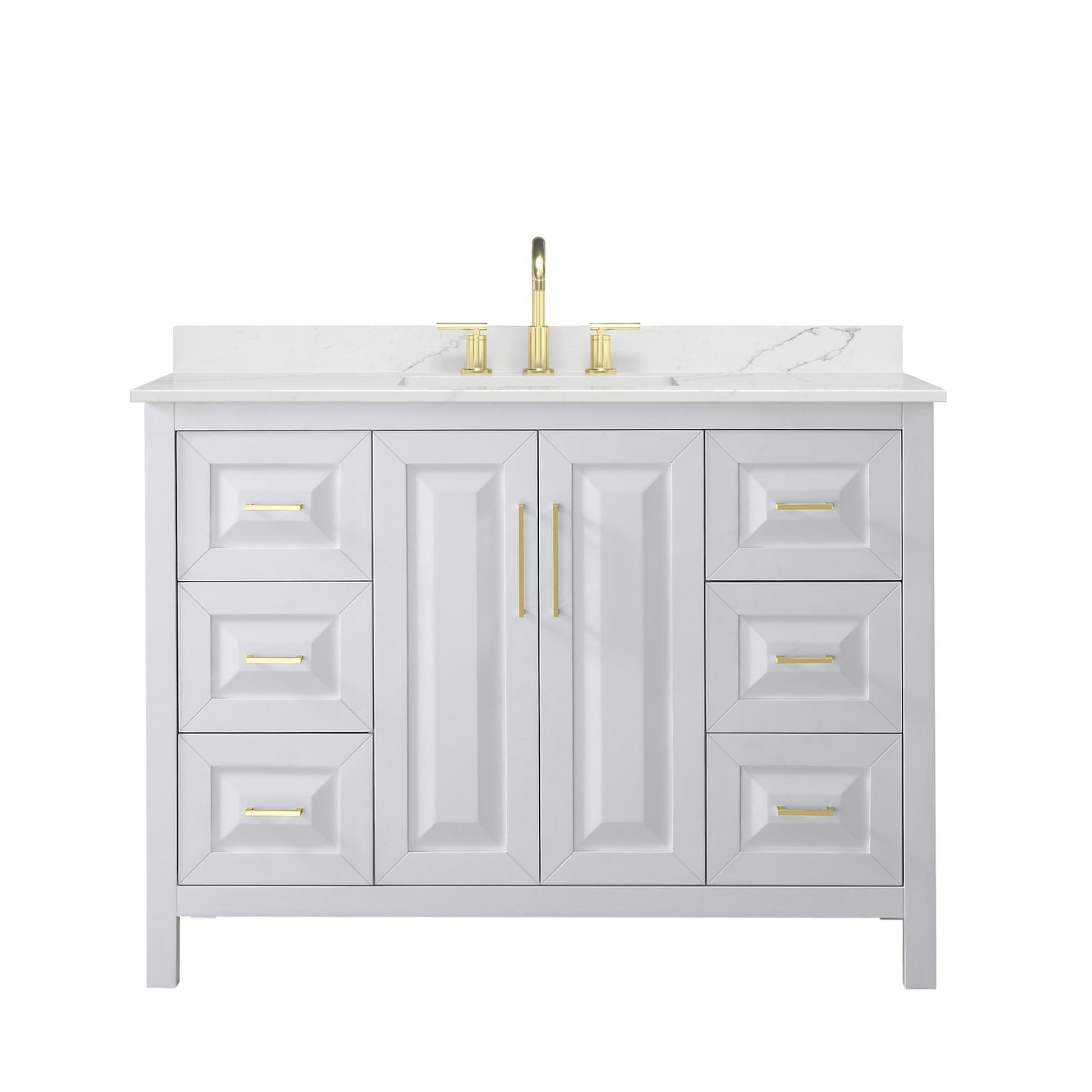 Wyndham Collection Daria 48" Single Bathroom Vanity in White, Giotto Quartz Countertop, Undermount Square Sink (3-Hole), Brushed Gold Trim