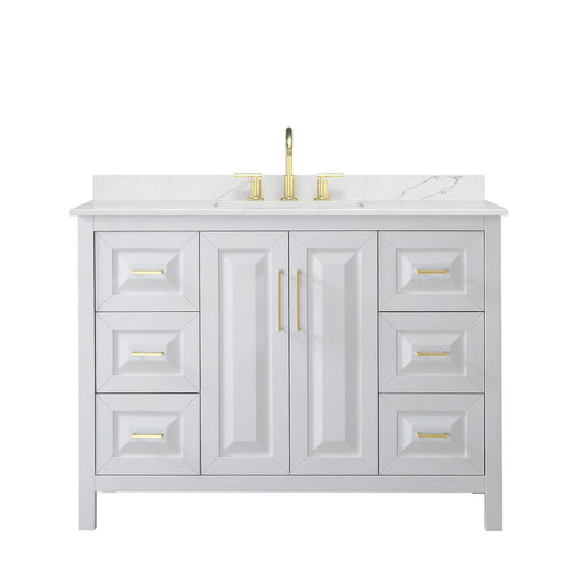 Wyndham Collection Daria 48" Single Bathroom Vanity in White, Giotto Quartz Countertop, Undermount Square Sink (3-Hole), Brushed Gold Trim