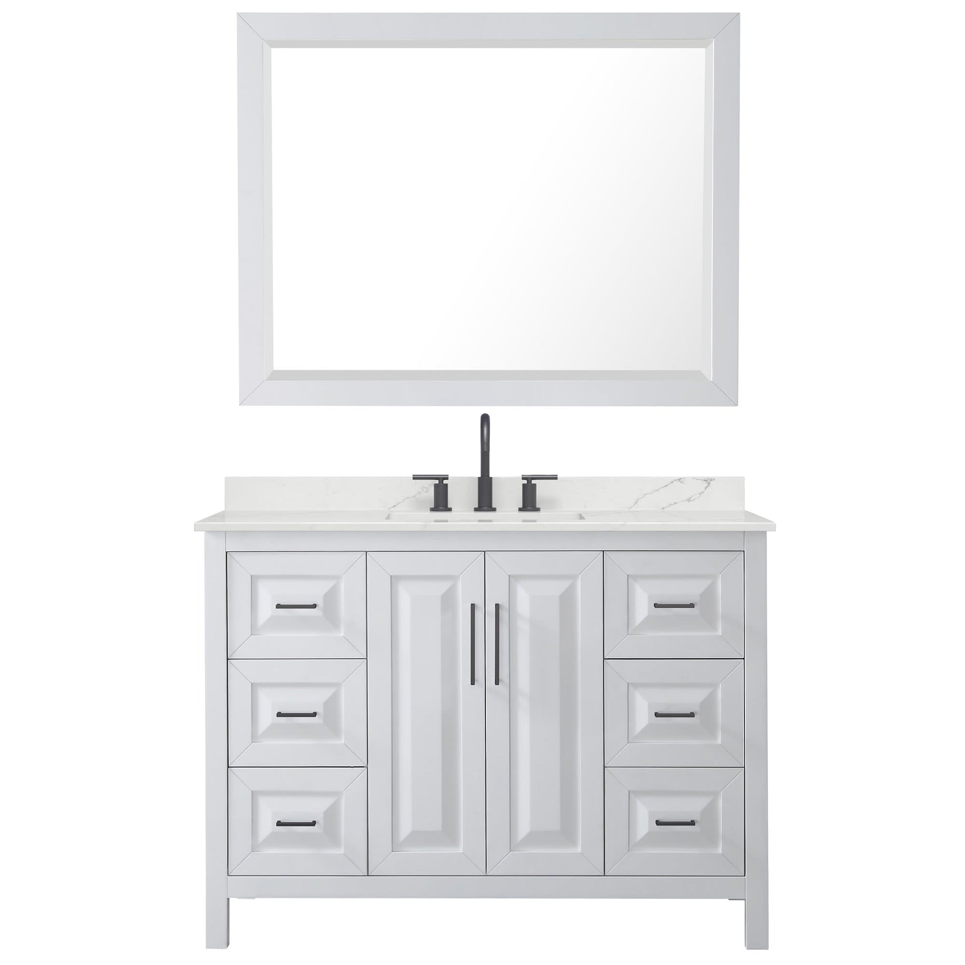 Wyndham Collection Daria 48" Single Bathroom Vanity in White, Giotto Quartz Countertop, Undermount Square Sink (3-Hole), Matte Black Trim, 46" Mirror