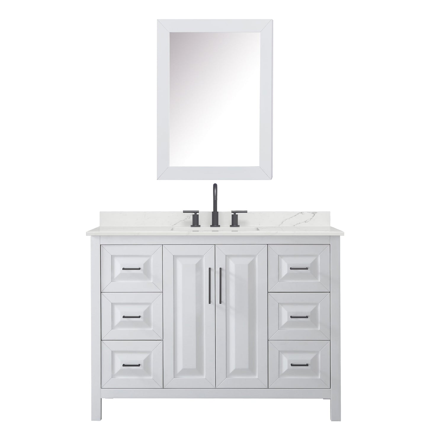 Wyndham Collection Daria 48" Single Bathroom Vanity in White, Giotto Quartz Countertop, Undermount Square Sink (3-Hole), Matte Black Trim, Medicine Cabinet