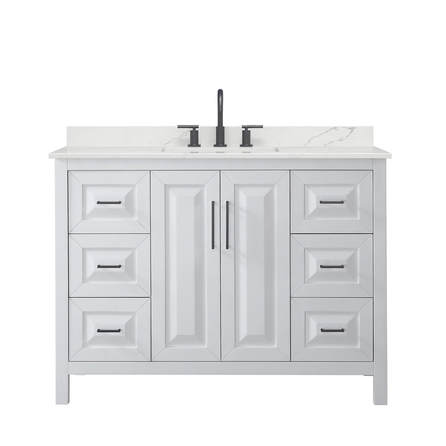 Wyndham Collection Daria 48" Single Bathroom Vanity in White, Giotto Quartz Countertop, Undermount Square Sink (3-Hole), Matte Black Trim