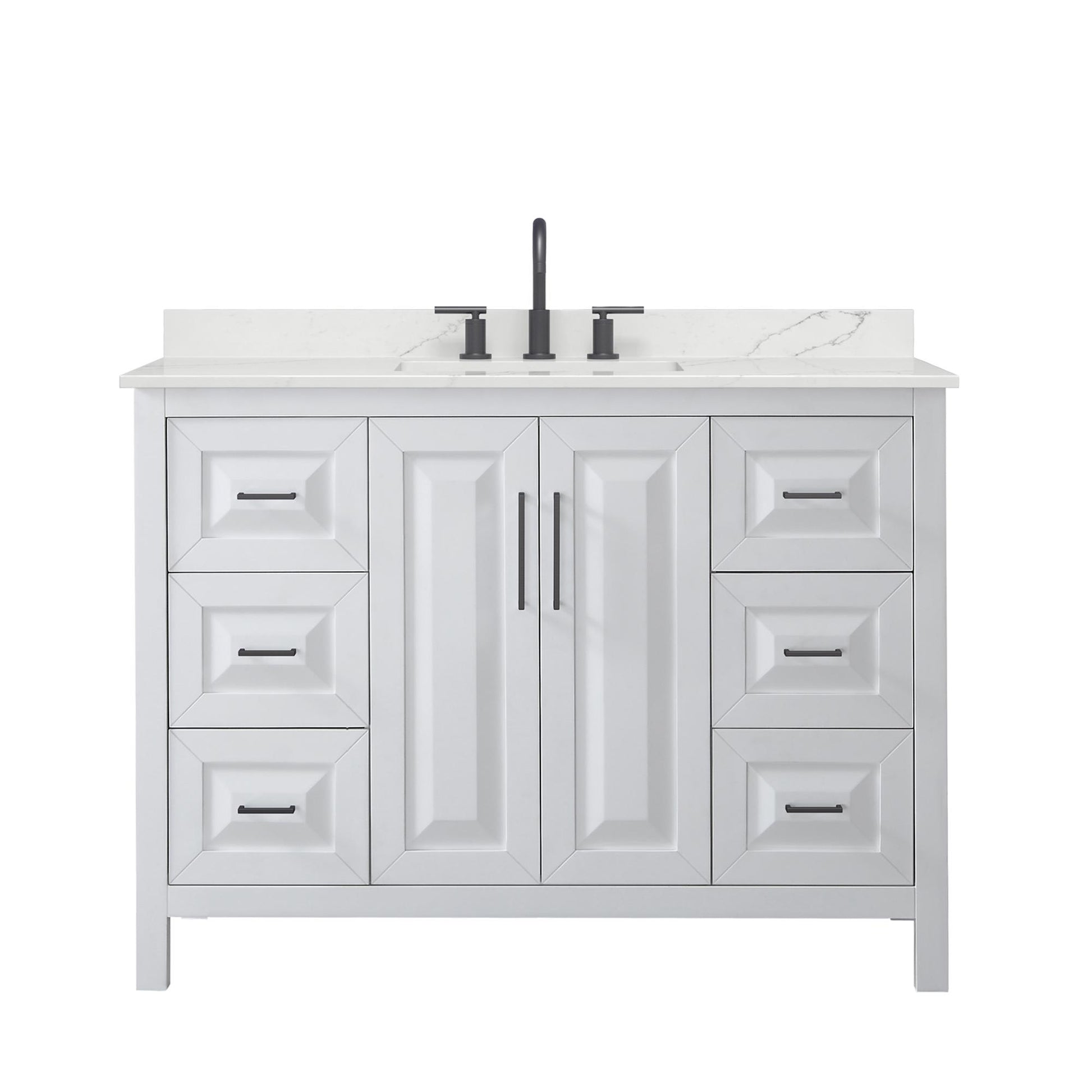 Wyndham Collection Daria 48" Single Bathroom Vanity in White, Giotto Quartz Countertop, Undermount Square Sink (3-Hole), Matte Black Trim