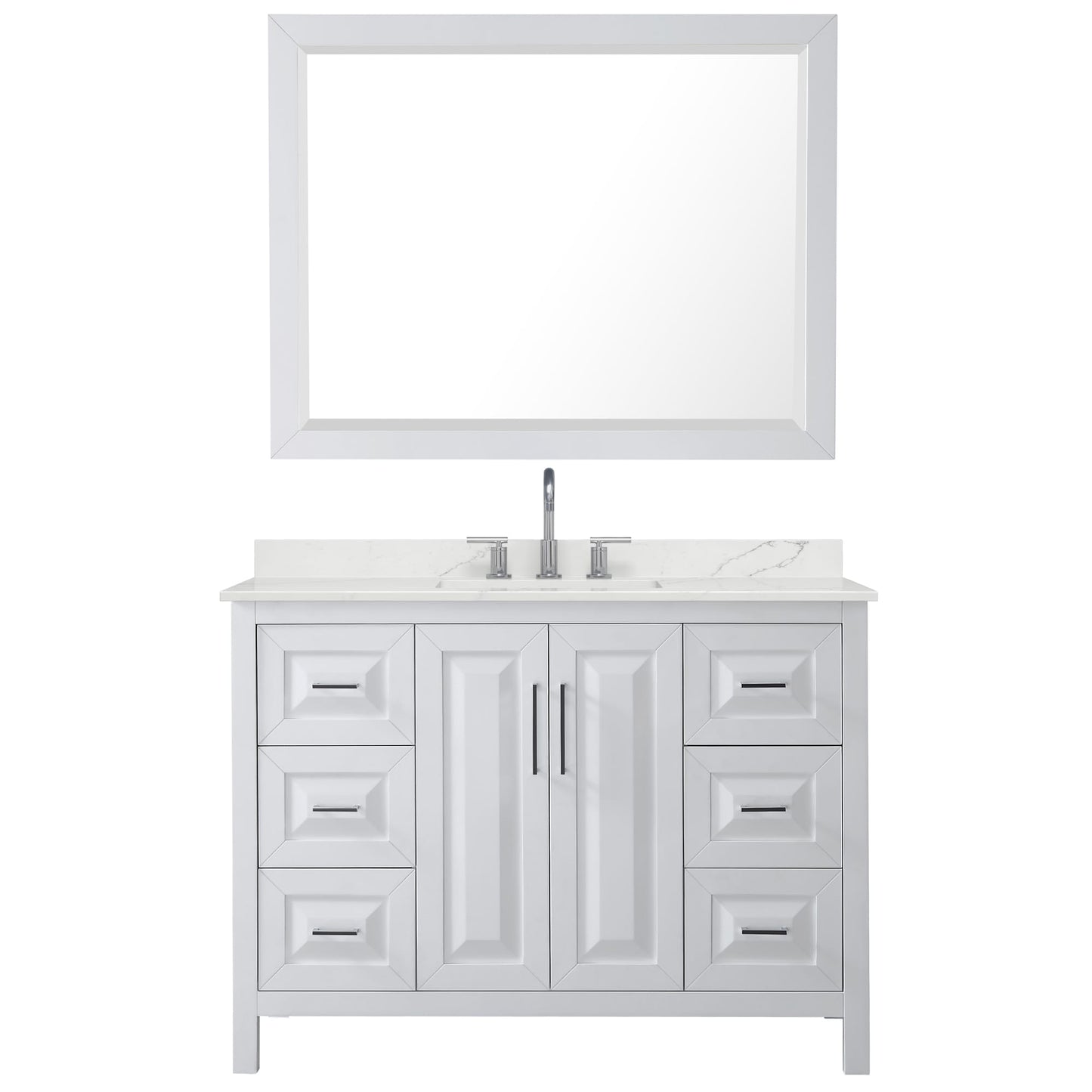Wyndham Collection Daria 48" Single Bathroom Vanity in White, Giotto Quartz Countertop, Undermount Square Sink (3-Hole), Polished Chrome Trim, 46" Mirror