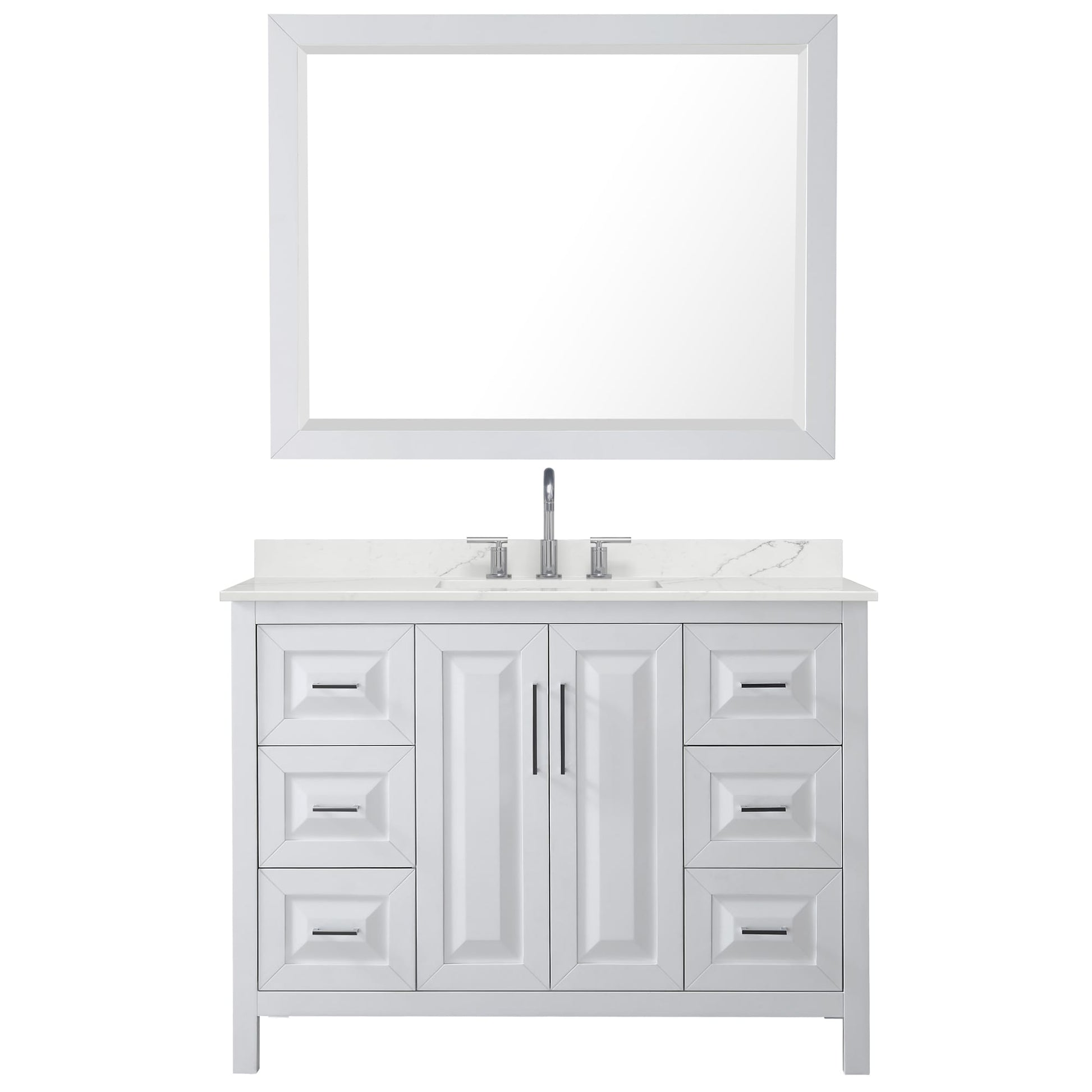 Wyndham Collection Daria 48" Single Bathroom Vanity in White, Giotto Quartz Countertop, Undermount Square Sink (3-Hole), Polished Chrome Trim, 46" Mirror
