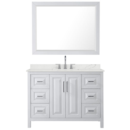 Wyndham Collection Daria 48" Single Bathroom Vanity in White, Giotto Quartz Countertop, Undermount Square Sink (3-Hole), Polished Chrome Trim, 46" Mirror