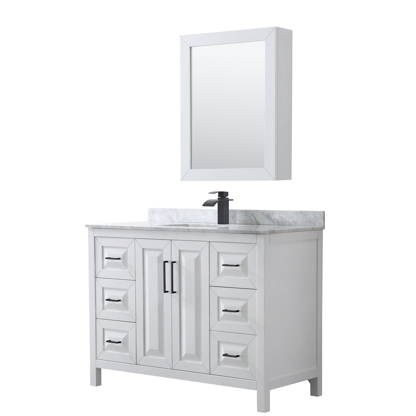 Wyndham Collection Daria 48" Single Bathroom Vanity in White, White Carrara Marble Countertop, Undermount Square Sink, Matte Black Trim, Medicine Cabinet