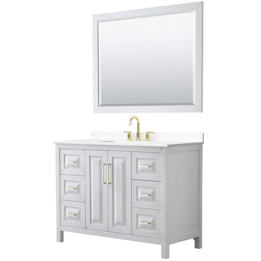 Wyndham Collection Daria 48" Single Bathroom Vanity in White, White Cultured Marble Countertop, Undermount Square Sink (3-Hole), 46" Mirror, Brushed Gold Trim