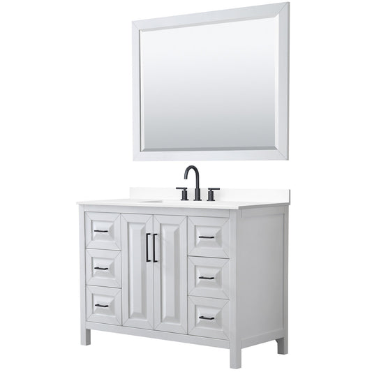 Wyndham Collection Daria 48" Single Bathroom Vanity in White, White Cultured Marble Countertop, Undermount Square Sink (3-Hole), Matte Black Trim, 46" Mirror