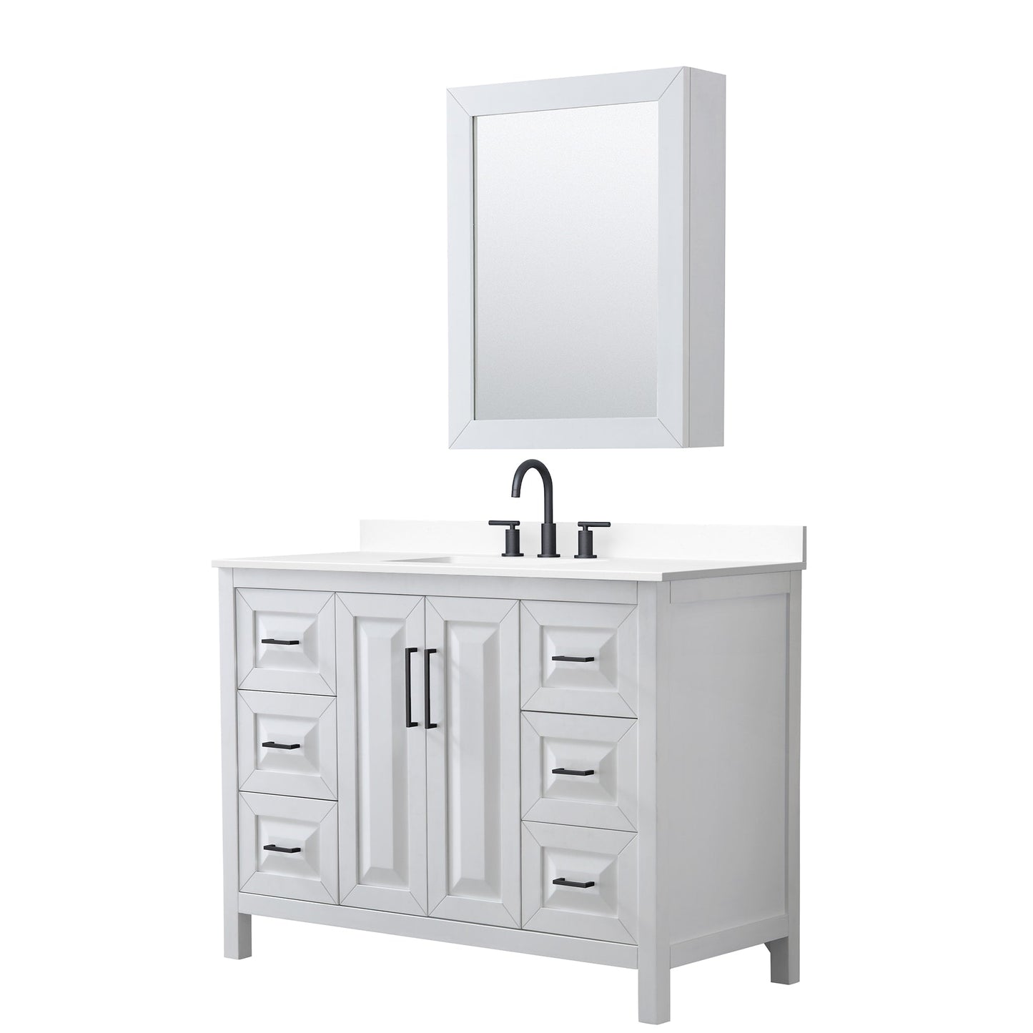 Wyndham Collection Daria 48" Single Bathroom Vanity in White, White Cultured Marble Countertop, Undermount Square Sink (3-Hole), Matte Black Trim, Medicine Cabinet