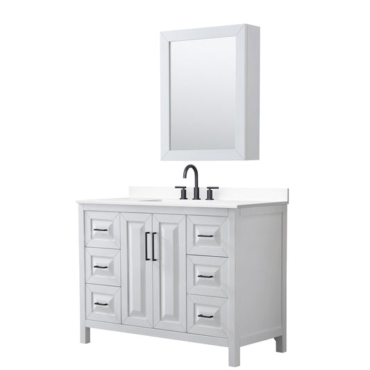 Wyndham Collection Daria 48" Single Bathroom Vanity in White, White Cultured Marble Countertop, Undermount Square Sink (3-Hole), Matte Black Trim, Medicine Cabinet