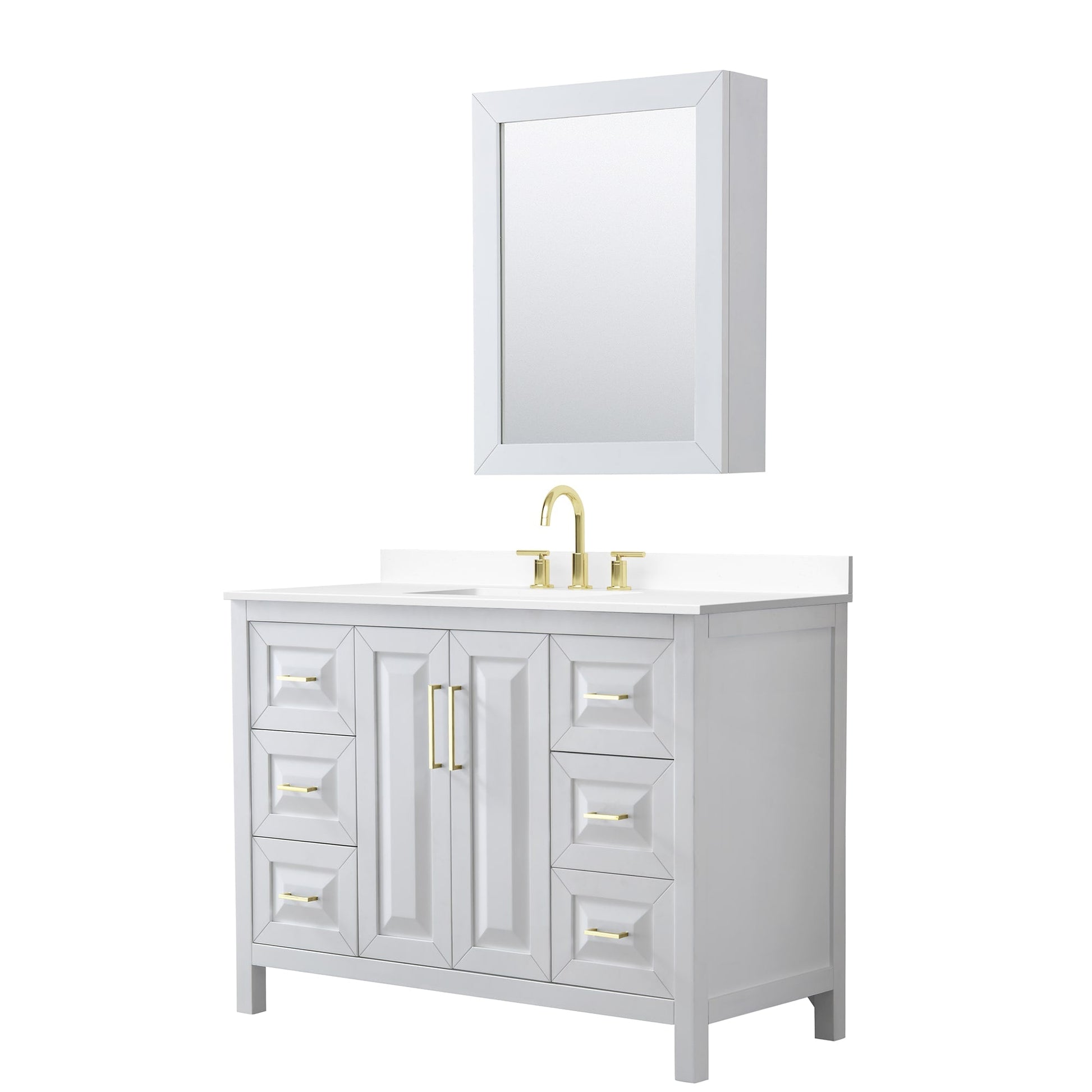 Wyndham Collection Daria 48" Single Bathroom Vanity in White, White Cultured Marble Countertop, Undermount Square Sink (3-Hole), Medicine Cabinet, Brushed Gold Trim