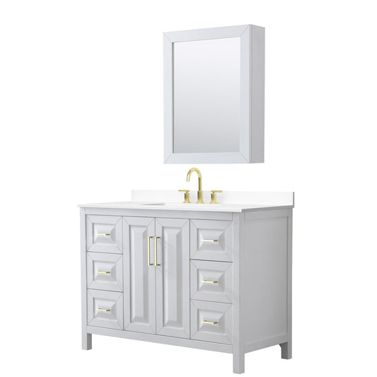 Wyndham Collection Daria 48" Single Bathroom Vanity in White, White Cultured Marble Countertop, Undermount Square Sink (3-Hole), Medicine Cabinet, Brushed Gold Trim