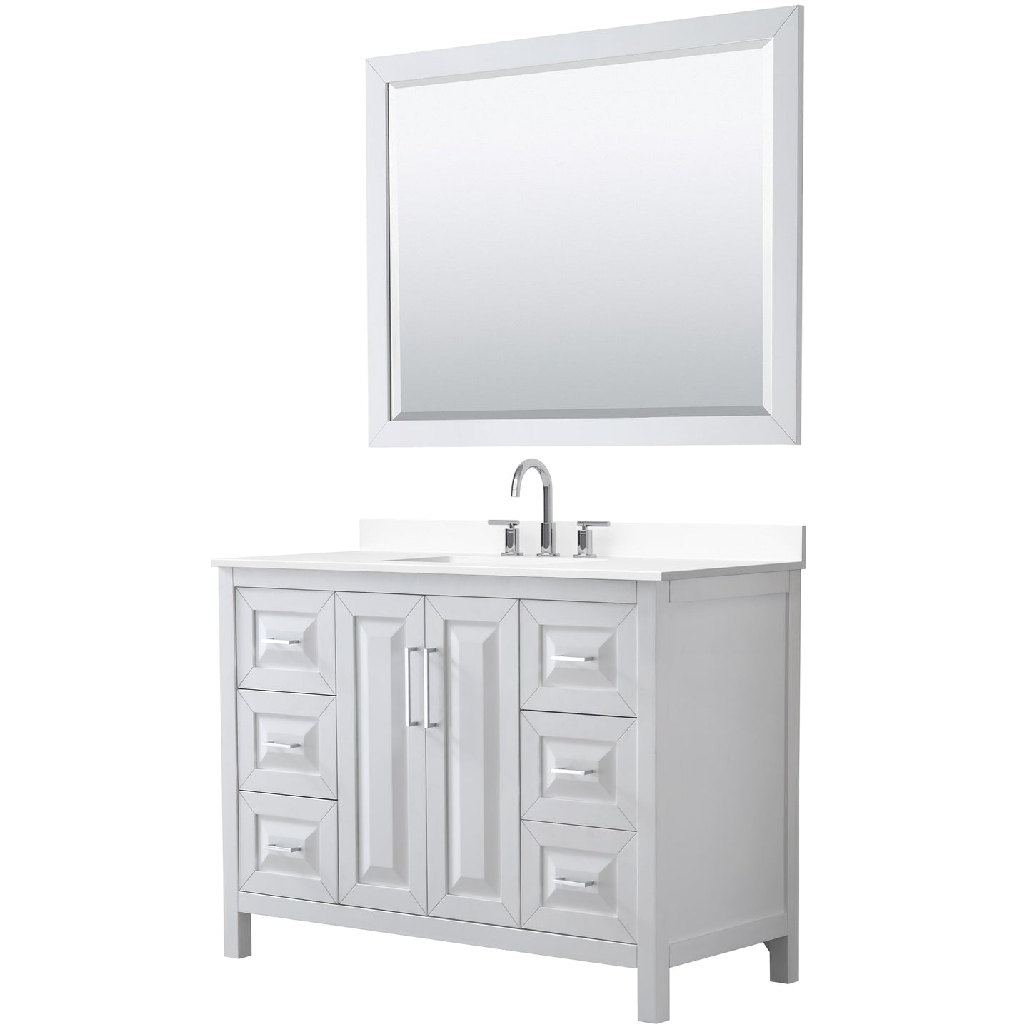 Wyndham Collection Daria 48" Single Bathroom Vanity in White, White Cultured Marble Countertop, Undermount Square Sink (3-Hole), Polished Chrome Trim, 46" Mirror