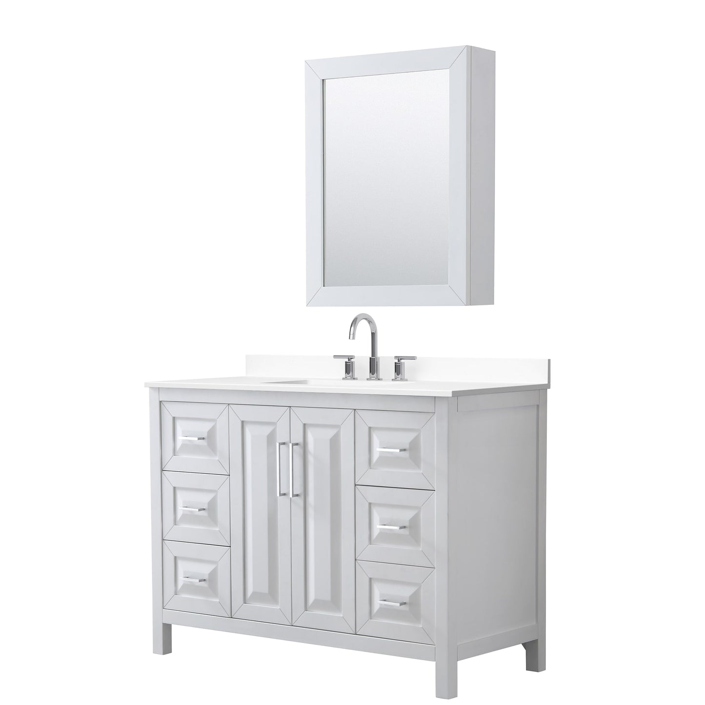 Wyndham Collection Daria 48" Single Bathroom Vanity in White, White Cultured Marble Countertop, Undermount Square Sink (3-Hole), Polished Chrome Trim, Medicine Cabinet