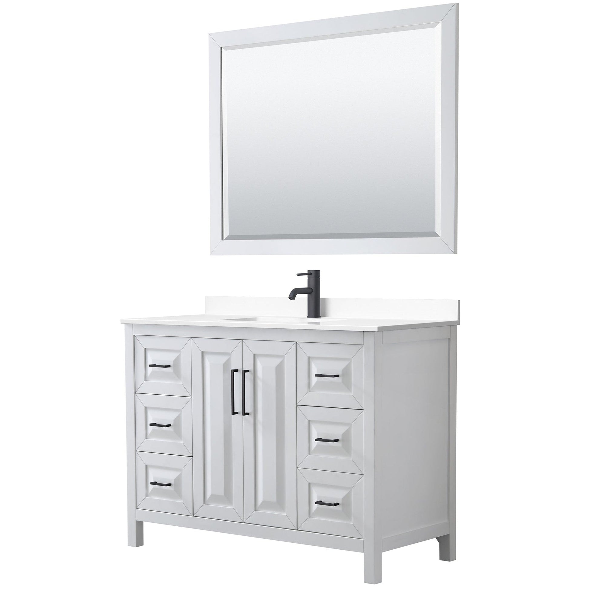 Daria 48" Single Bathroom Vanity in White, White Cultured Marble Countertop, Undermount Square Sink, Matte Black Trim, 46" Mirror