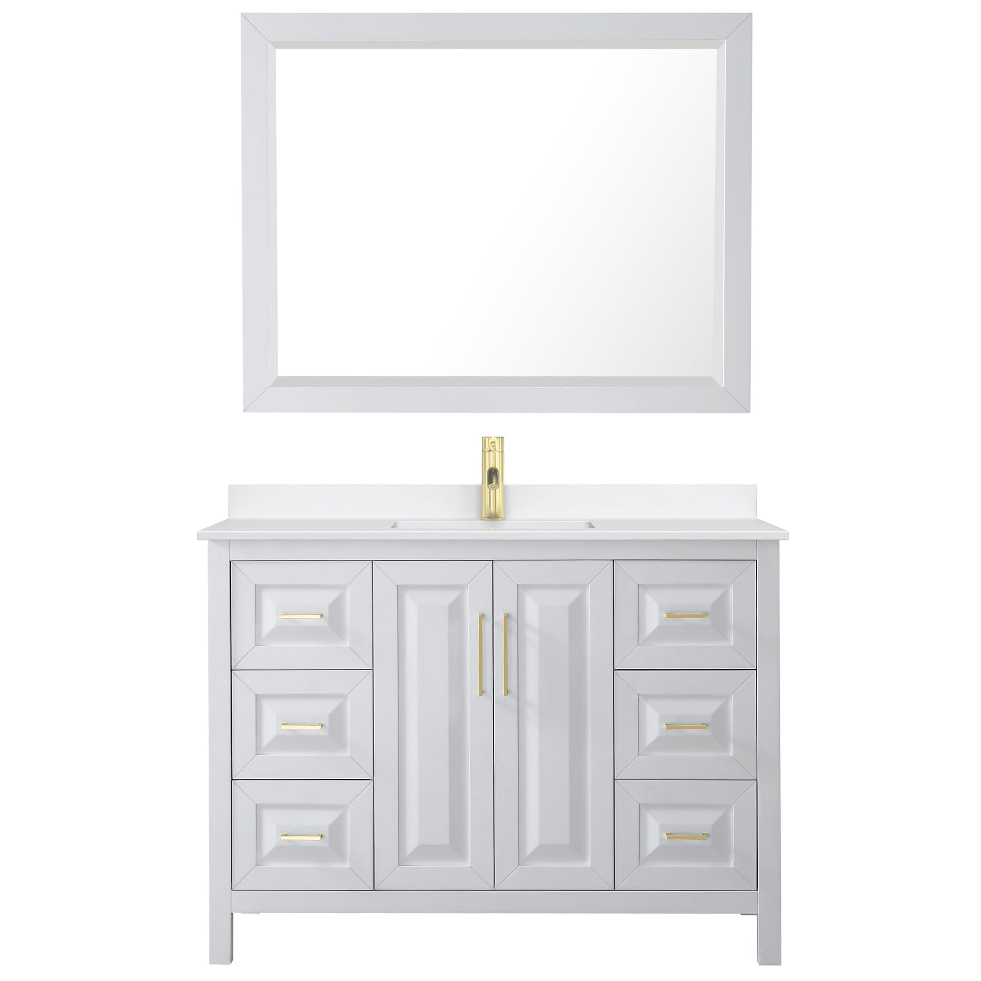 Wyndham Collection Daria 48" Single Bathroom Vanity in White, White Quartz Countertop, Undermount Square Sink (1-Hole), Brushed Gold Trim, 46" Mirror