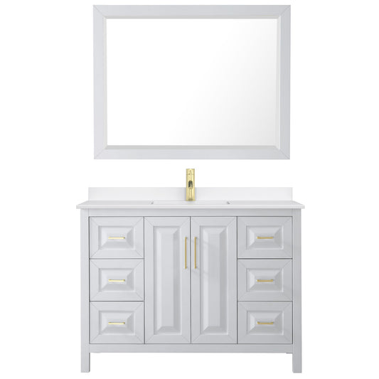 Wyndham Collection Daria 48" Single Bathroom Vanity in White, White Quartz Countertop, Undermount Square Sink (1-Hole), Brushed Gold Trim, 46" Mirror