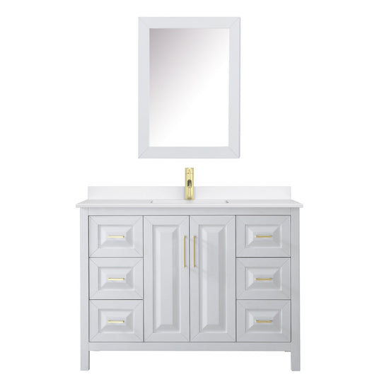 Wyndham Collection Daria 48" Single Bathroom Vanity in White, White Quartz Countertop, Undermount Square Sink (1-Hole), Brushed Gold Trim, Medicine Cabinet