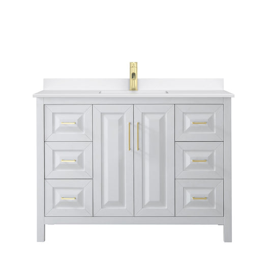 Wyndham Collection Daria 48" Single Bathroom Vanity in White, White Quartz Countertop, Undermount Square Sink (1-Hole), Brushed Gold Trim