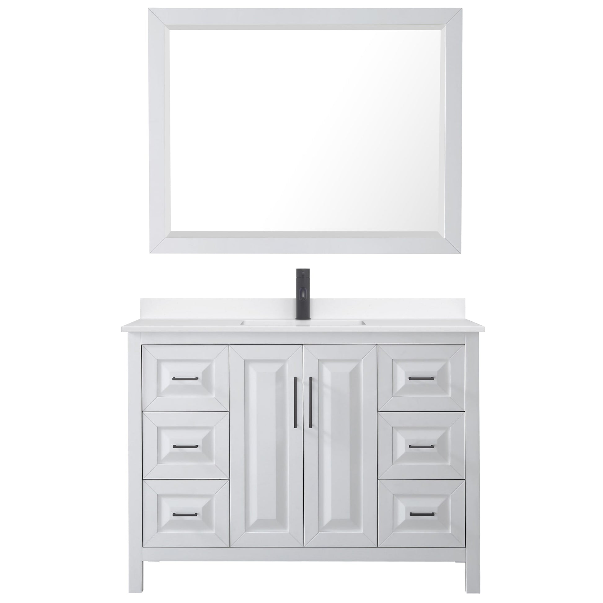 Wyndham Collection Daria 48" Single Bathroom Vanity in White, White Quartz Countertop, Undermount Square Sink (1-Hole), Matte Black Trim, 46" Mirror