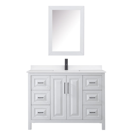 Wyndham Collection Daria 48" Single Bathroom Vanity in White, White Quartz Countertop, Undermount Square Sink (1-Hole), Matte Black Trim, Medicine Cabinet