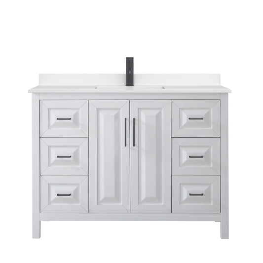 Wyndham Collection Daria 48" Single Bathroom Vanity in White, White Quartz Countertop, Undermount Square Sink (1-Hole), Matte Black Trim