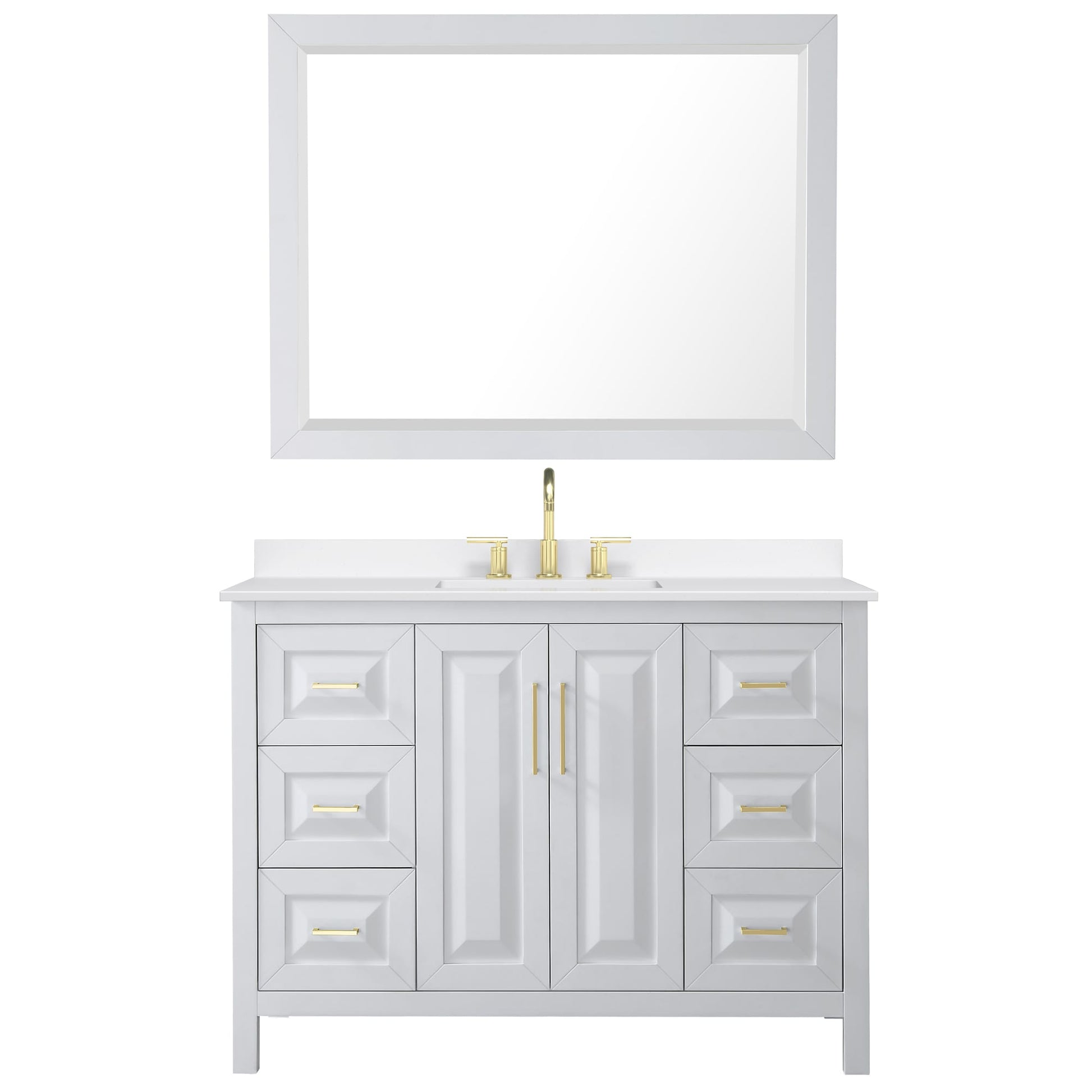 Wyndham Collection Daria 48" Single Bathroom Vanity in White, White Quartz Countertop, Undermount Square Sink (3-Hole), Brushed Gold Trim, 46" Mirror