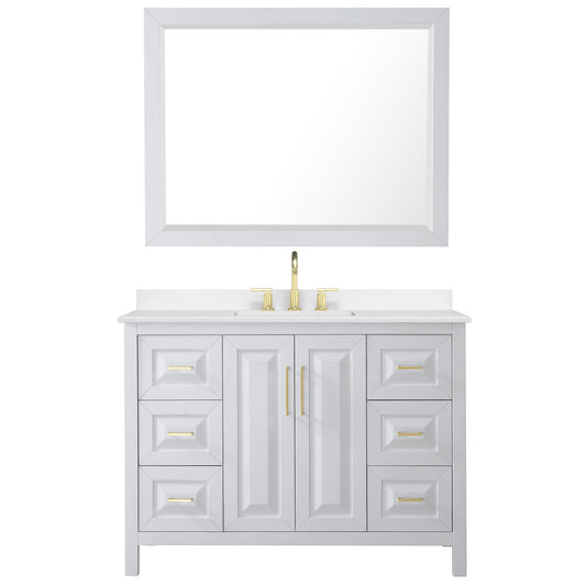 Wyndham Collection Daria 48" Single Bathroom Vanity in White, White Quartz Countertop, Undermount Square Sink (3-Hole), Brushed Gold Trim, 46" Mirror