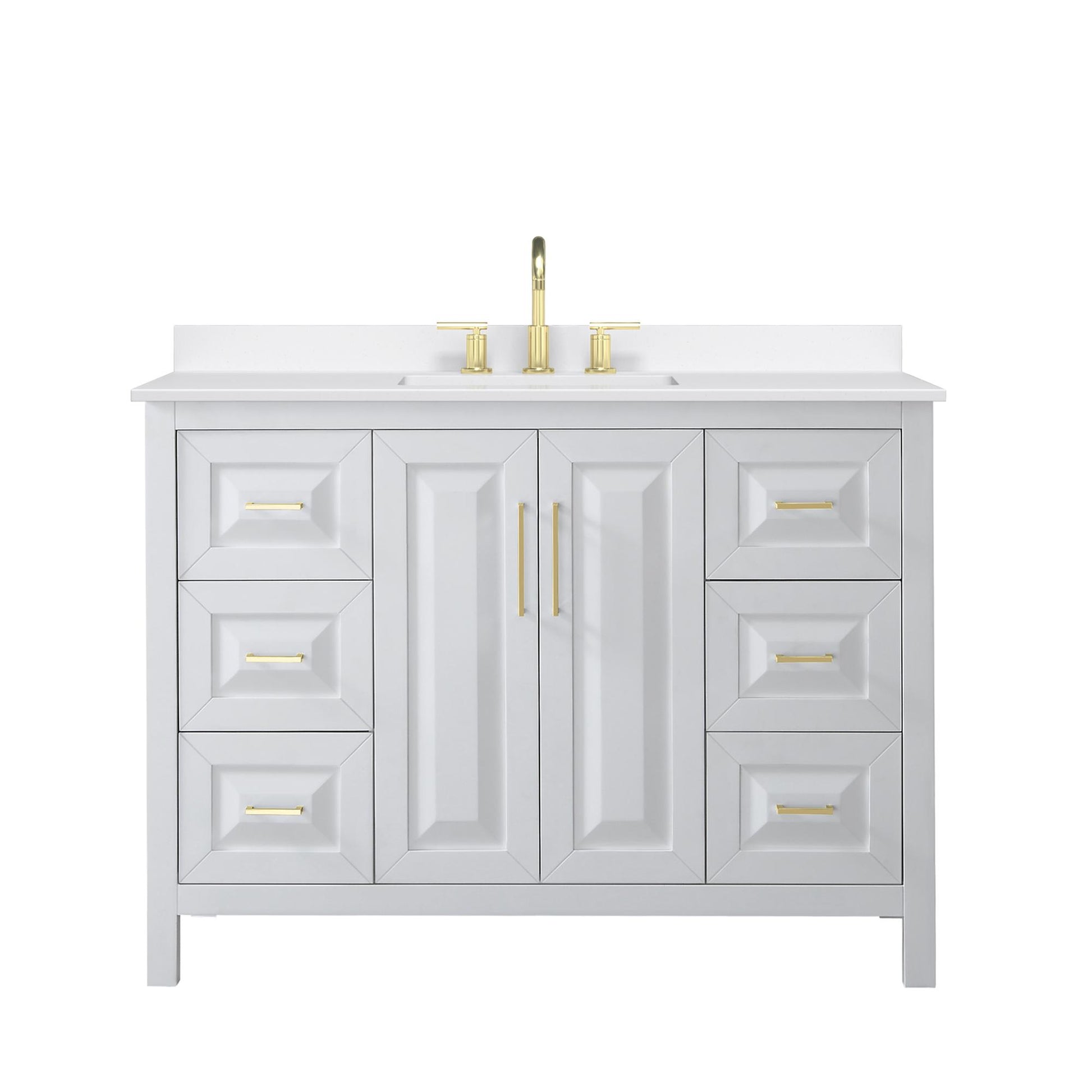 Wyndham Collection Daria 48" Single Bathroom Vanity in White, White Quartz Countertop, Undermount Square Sink (3-Hole), Brushed Gold Trim