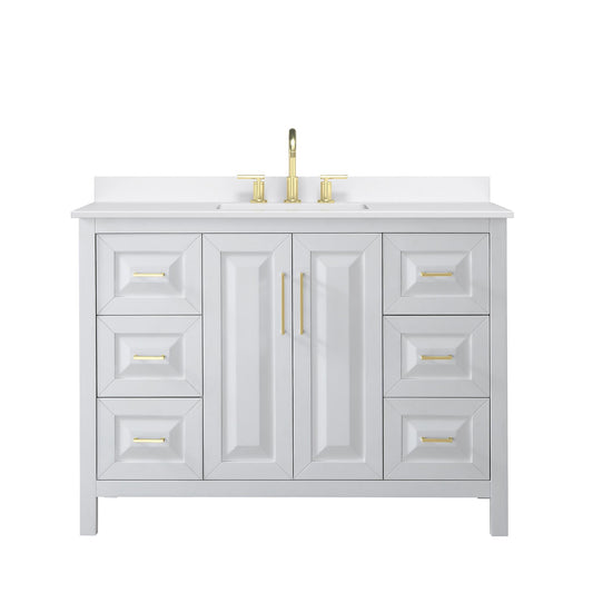 Wyndham Collection Daria 48" Single Bathroom Vanity in White, White Quartz Countertop, Undermount Square Sink (3-Hole), Brushed Gold Trim