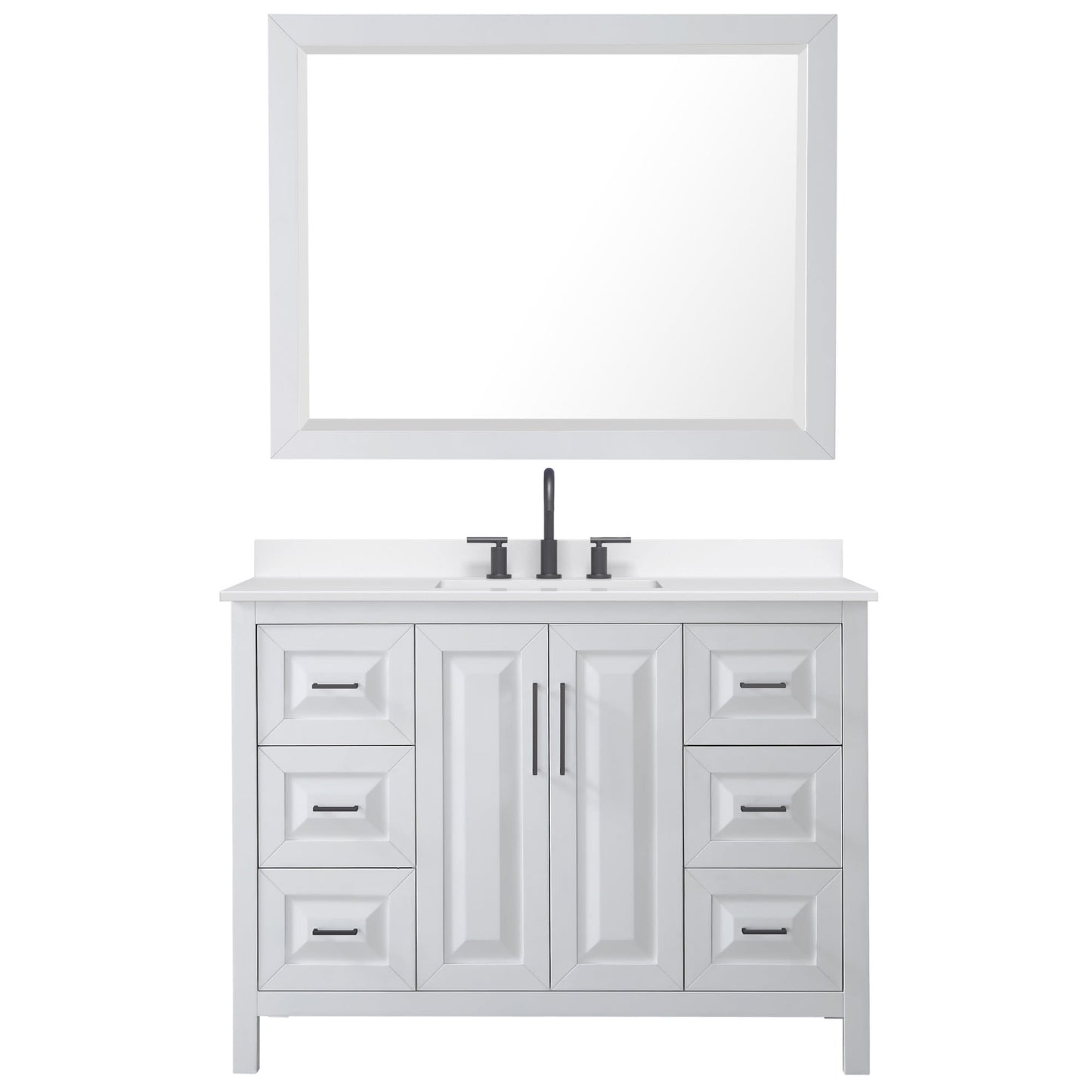Wyndham Collection Daria 48" Single Bathroom Vanity in White, White Quartz Countertop, Undermount Square Sink (3-Hole), Matte Black Trim, 46" Mirror