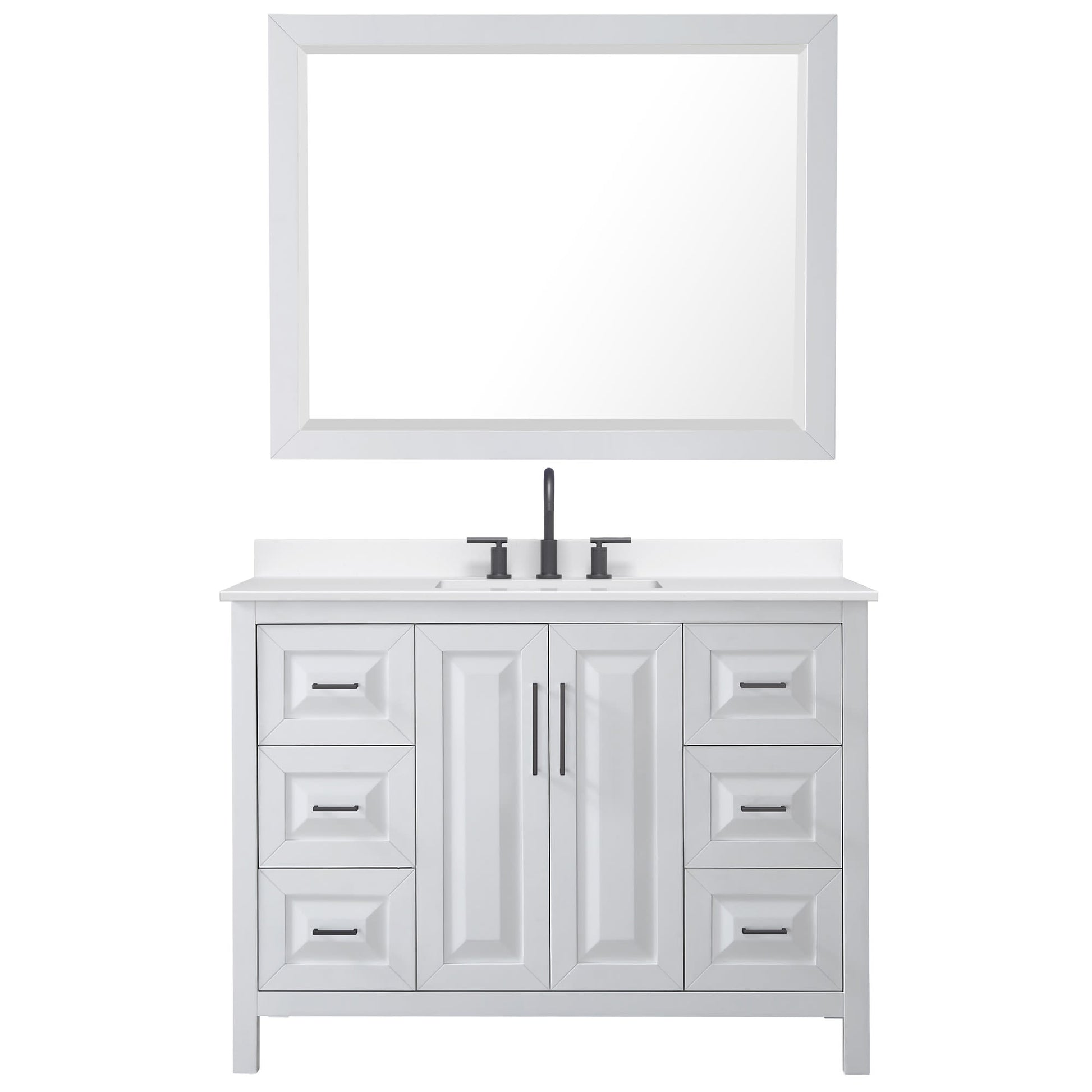 Wyndham Collection Daria 48" Single Bathroom Vanity in White, White Quartz Countertop, Undermount Square Sink (3-Hole), Matte Black Trim, 46" Mirror