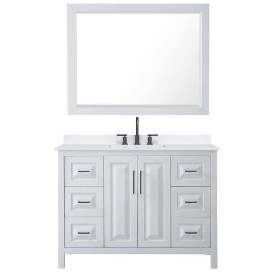 Wyndham Collection Daria 48" Single Bathroom Vanity in White, White Quartz Countertop, Undermount Square Sink (3-Hole), Matte Black Trim, 46" Mirror