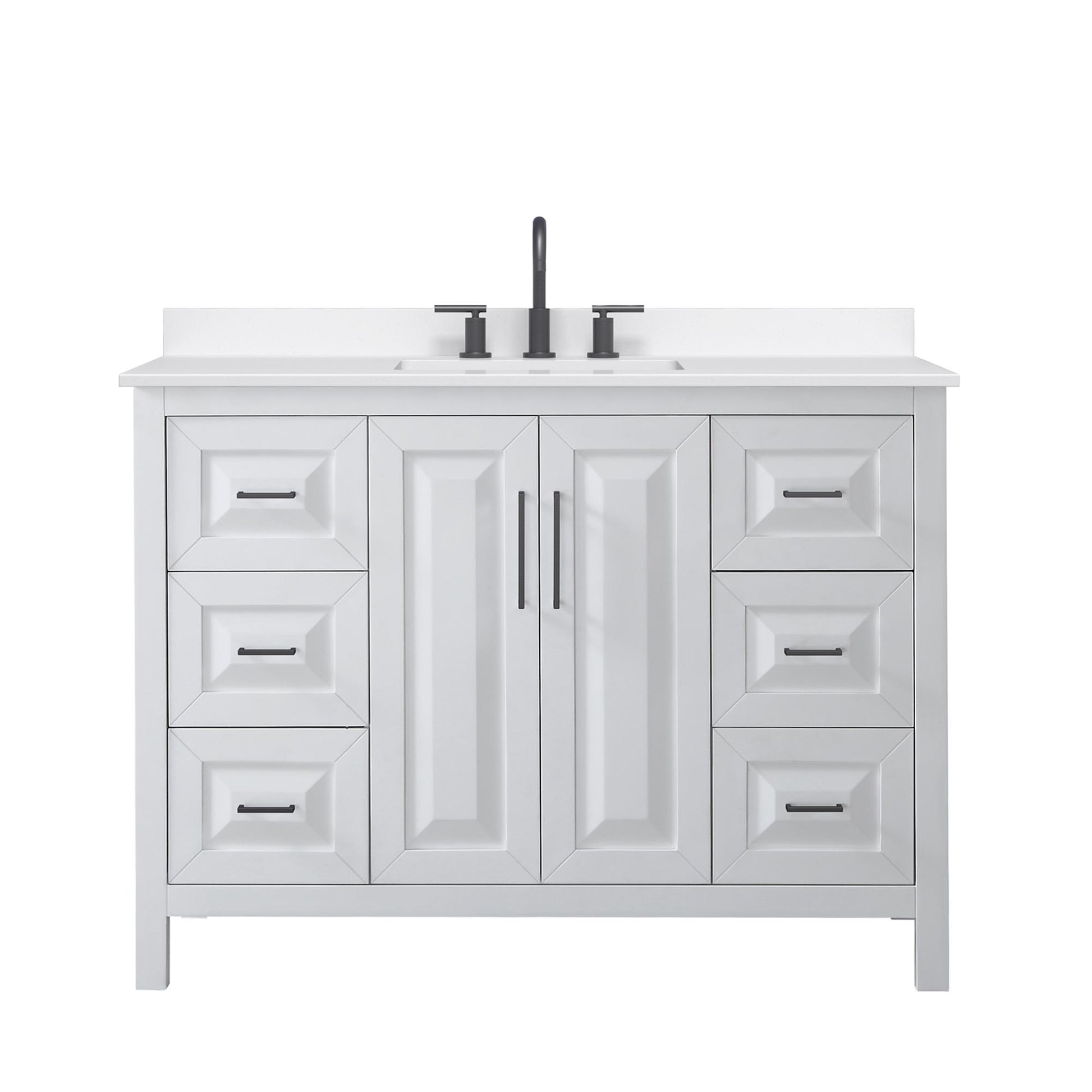Wyndham Collection Daria 48" Single Bathroom Vanity in White, White Quartz Countertop, Undermount Square Sink (3-Hole), Matte Black Trim